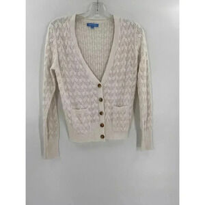 Burgess Cotton Cashmere Ivory Crochet Cardigan Sweater With Pockets Size XSMALL
